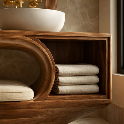 Solid Wood Bathroom Vanity With Integrated Bench Open Storage Shelf And Organic Mirror Frame - Livewoodcraft - 6