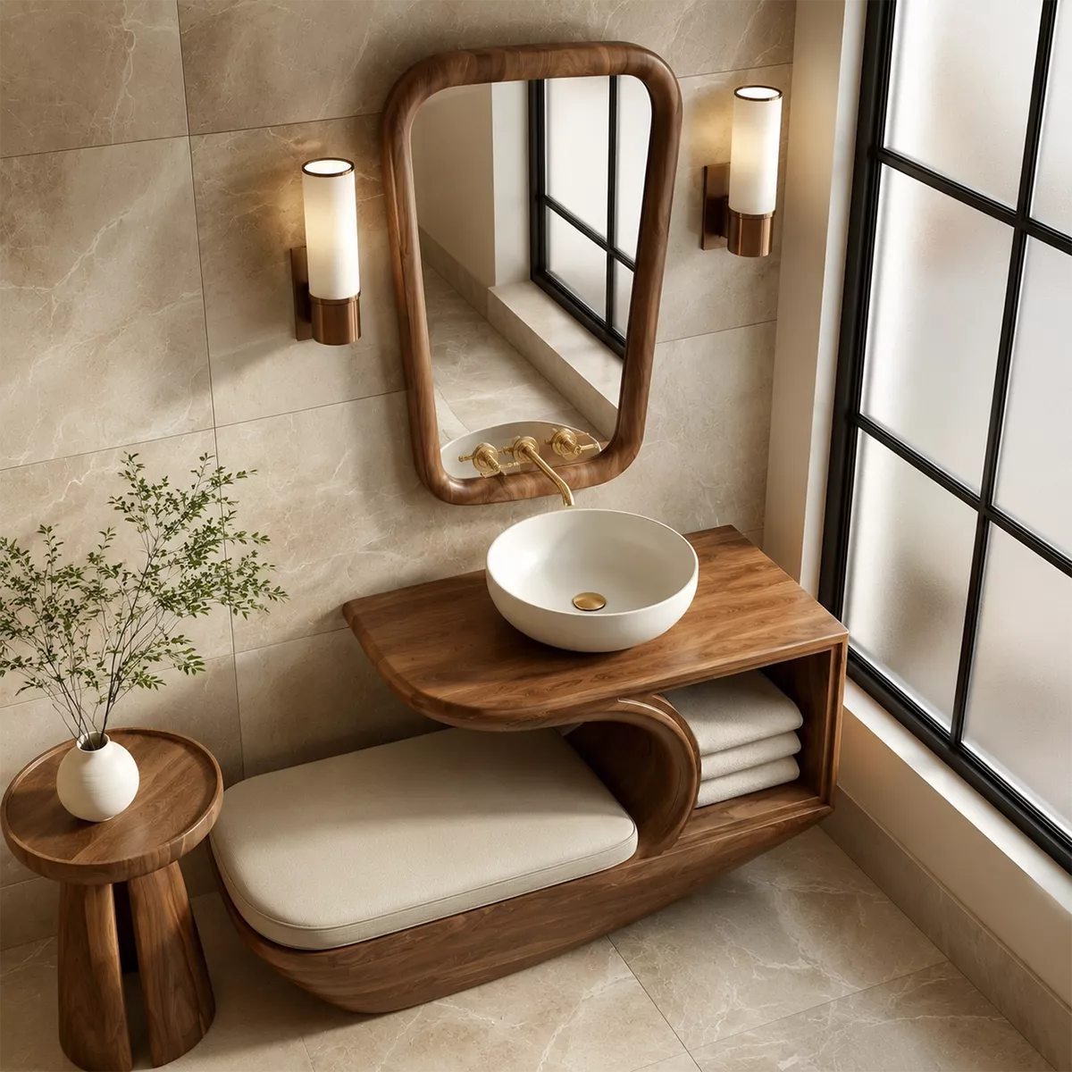Solid Wood Bathroom Vanity With Integrated Bench Open Storage Shelf And Organic Mirror Frame - Livewoodcraft - 7