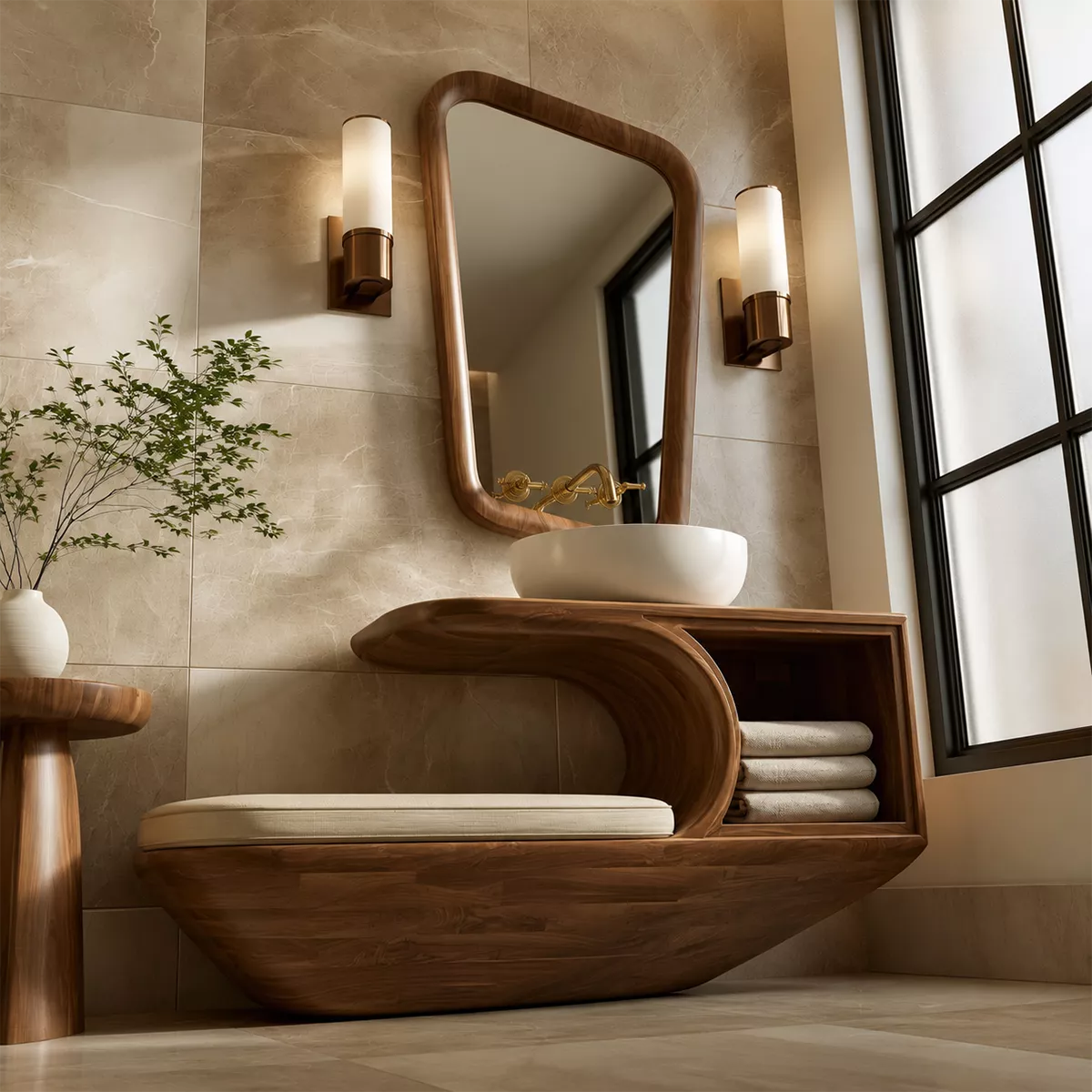 Solid Wood Bathroom Vanity With Integrated Bench Open Storage Shelf And Organic Mirror Frame - Livewoodcraft - 8