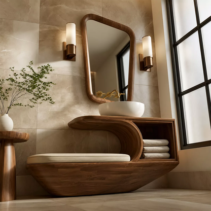 Solid Wood Bathroom Vanity With Integrated Bench Open Storage Shelf And Organic Mirror Frame - Livewoodcraft - 8