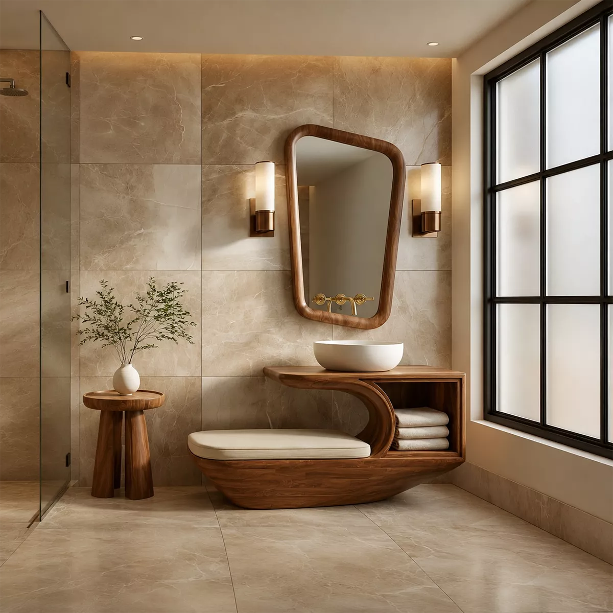 Solid Wood Bathroom Vanity With Integrated Bench Open Storage Shelf And Organic Mirror Frame - Livewoodcraft - 9