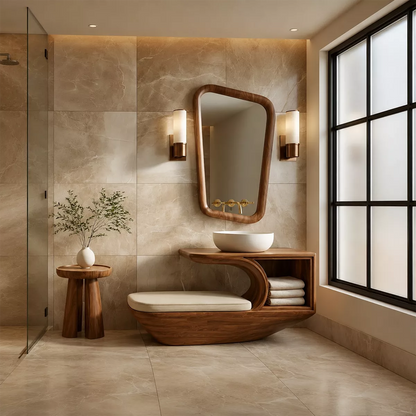 Solid Wood Bathroom Vanity With Integrated Bench Open Storage Shelf And Organic Mirror Frame - Livewoodcraft - 9