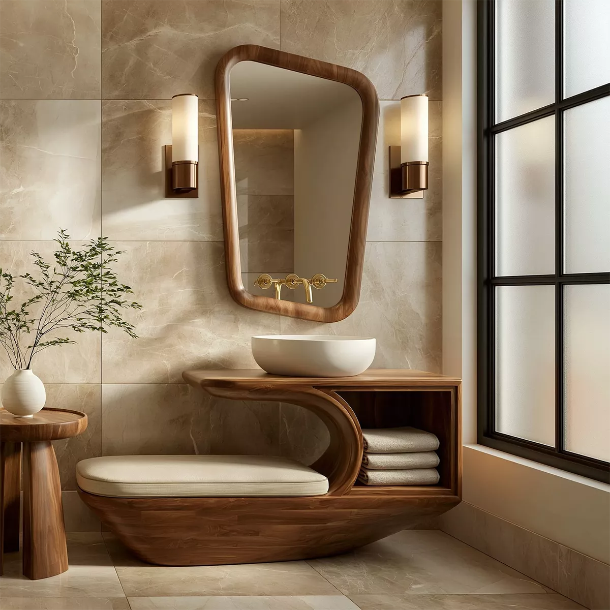Solid Wood Bathroom Vanity With Integrated Bench Open Storage Shelf And Organic Mirror Frame - Livewoodcraft