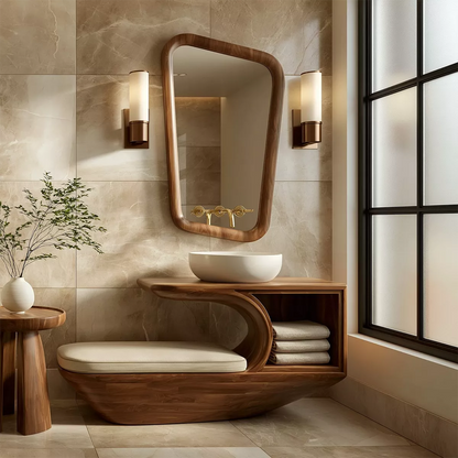 Solid Wood Bathroom Vanity With Integrated Bench Open Storage Shelf And Organic Mirror Frame - Livewoodcraft