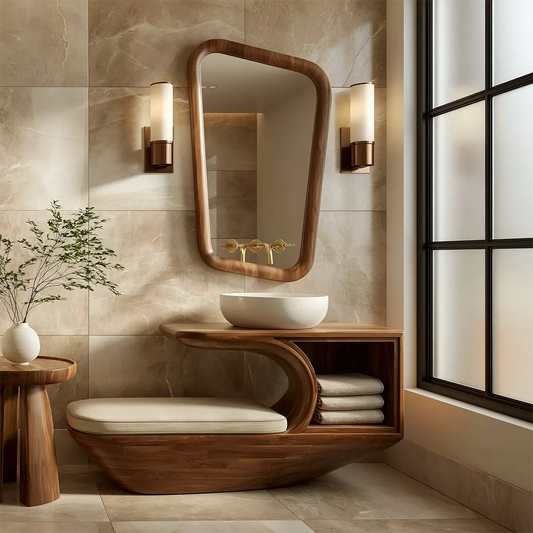 Solid Wood Bathroom Vanity With Integrated Bench Open Storage Shelf And Organic Mirror Frame - Livewoodcraft