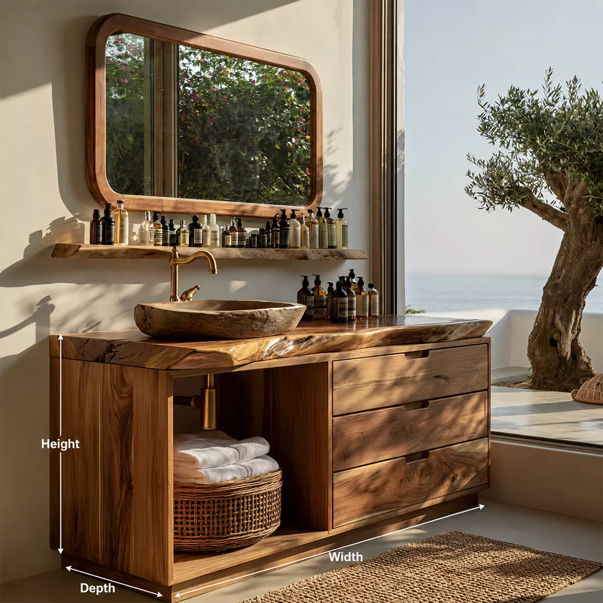 Solid Wood Bathroom Vanity With Live Edge Countertop, Open Shelf And Drawer Storage - Livewoodcraft - 10