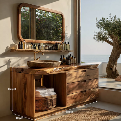 Solid Wood Bathroom Vanity With Live Edge Countertop, Open Shelf And Drawer Storage - Livewoodcraft - 10