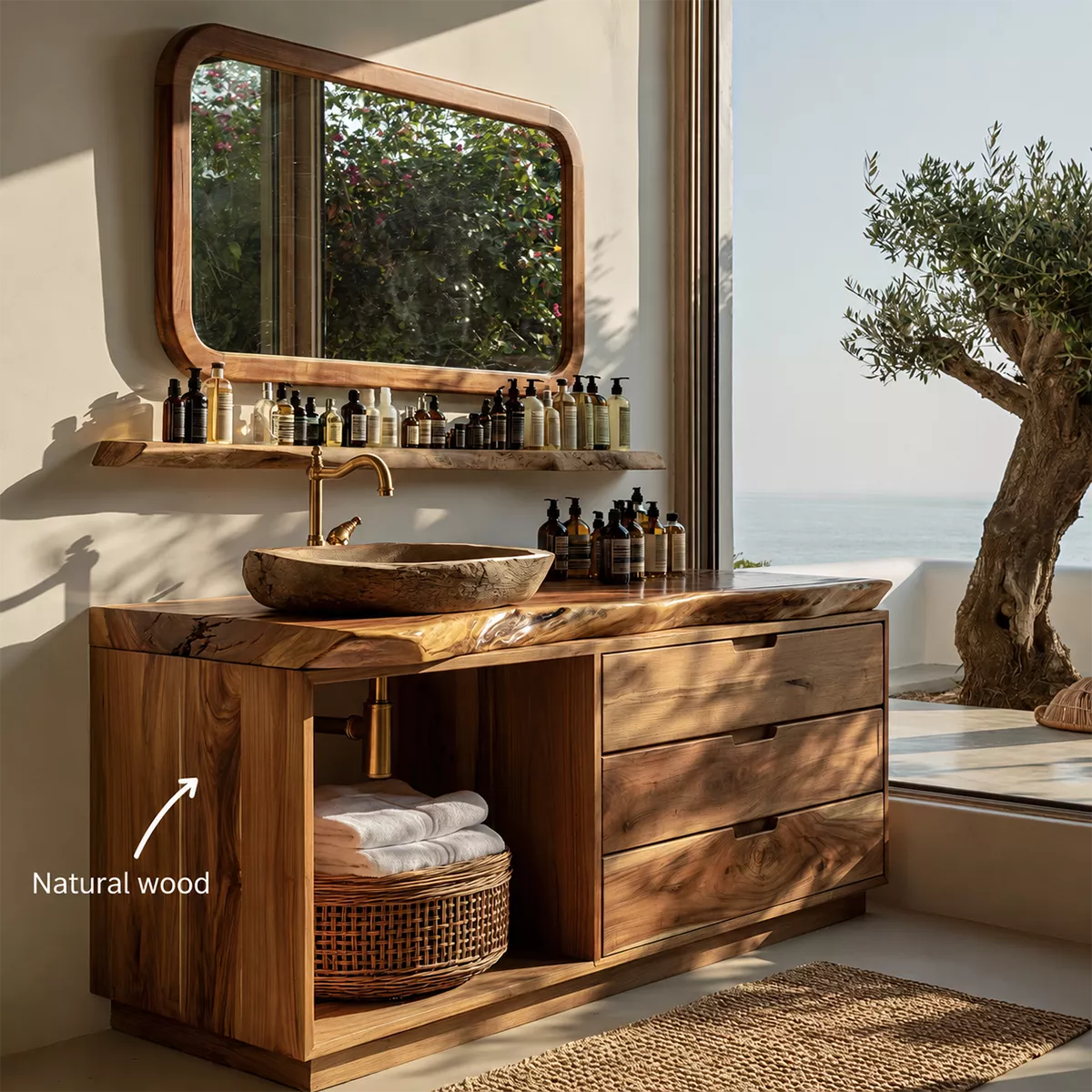 Solid Wood Bathroom Vanity With Live Edge Countertop, Open Shelf And Drawer Storage - Livewoodcraft - 11
