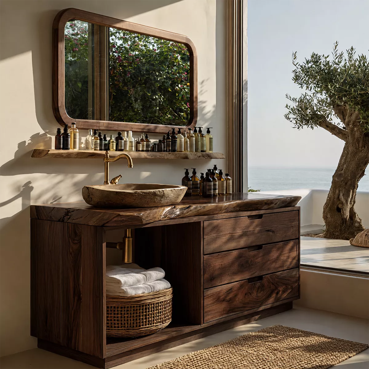 Solid Wood Bathroom Vanity With Live Edge Countertop, Open Shelf And Drawer Storage - Livewoodcraft - 2