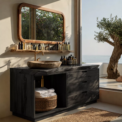 Solid Wood Bathroom Vanity With Live Edge Countertop, Open Shelf And Drawer Storage - Livewoodcraft - 3