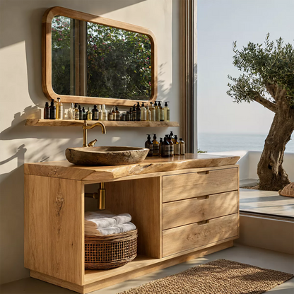Solid Wood Bathroom Vanity With Live Edge Countertop, Open Shelf And Drawer Storage - Livewoodcraft - 4