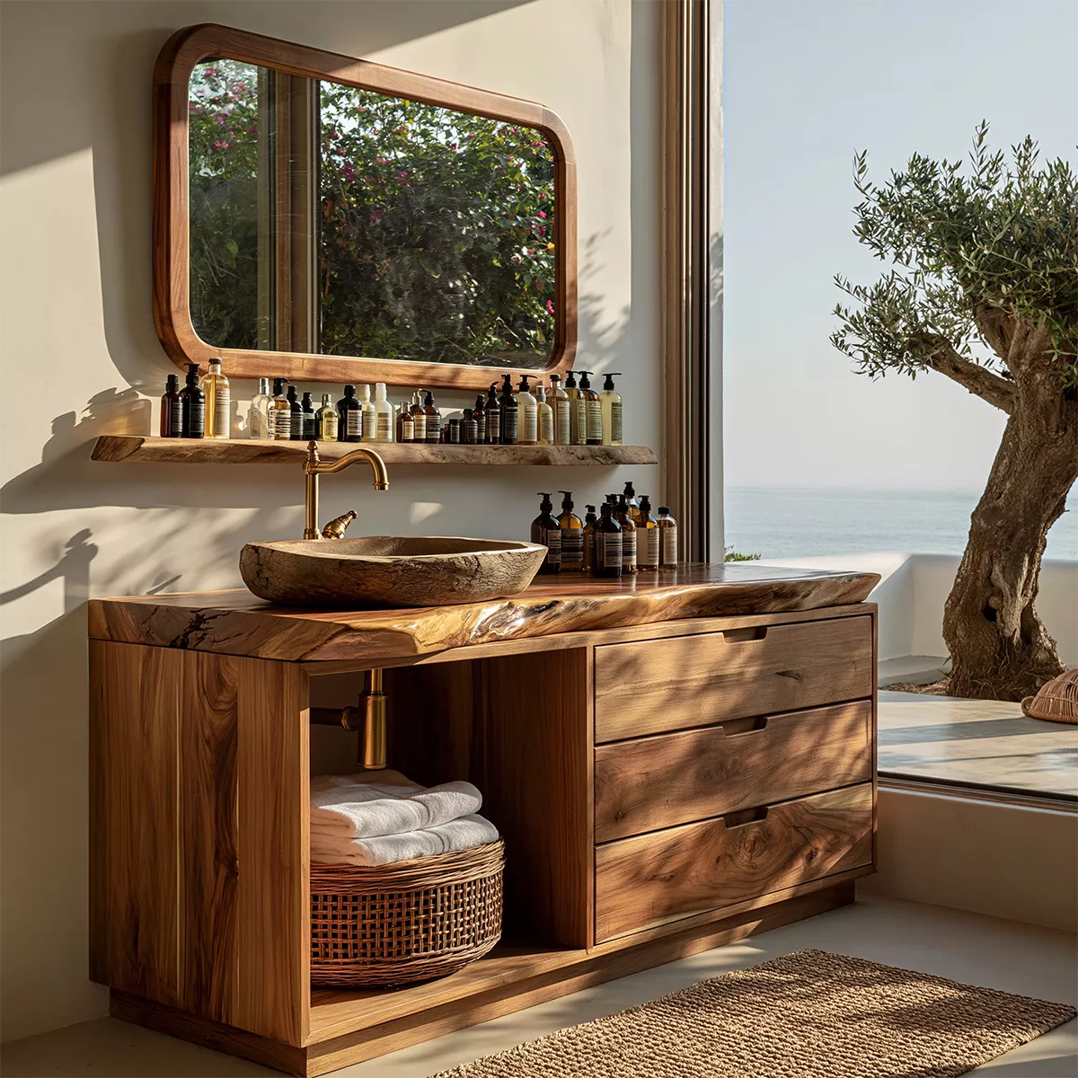 Solid Wood Bathroom Vanity With Live Edge Countertop, Open Shelf And Drawer Storage - Livewoodcraft - 5