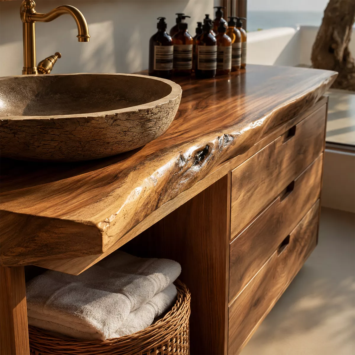 Solid Wood Bathroom Vanity With Live Edge Countertop, Open Shelf And Drawer Storage - Livewoodcraft - 6