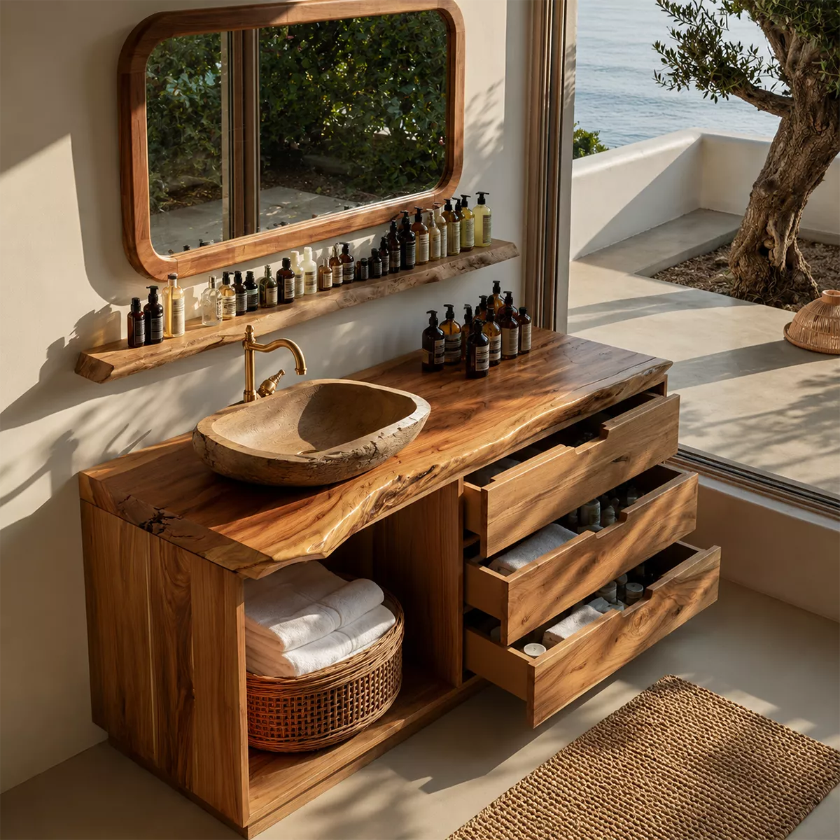 Solid Wood Bathroom Vanity With Live Edge Countertop, Open Shelf And Drawer Storage - Livewoodcraft - 7