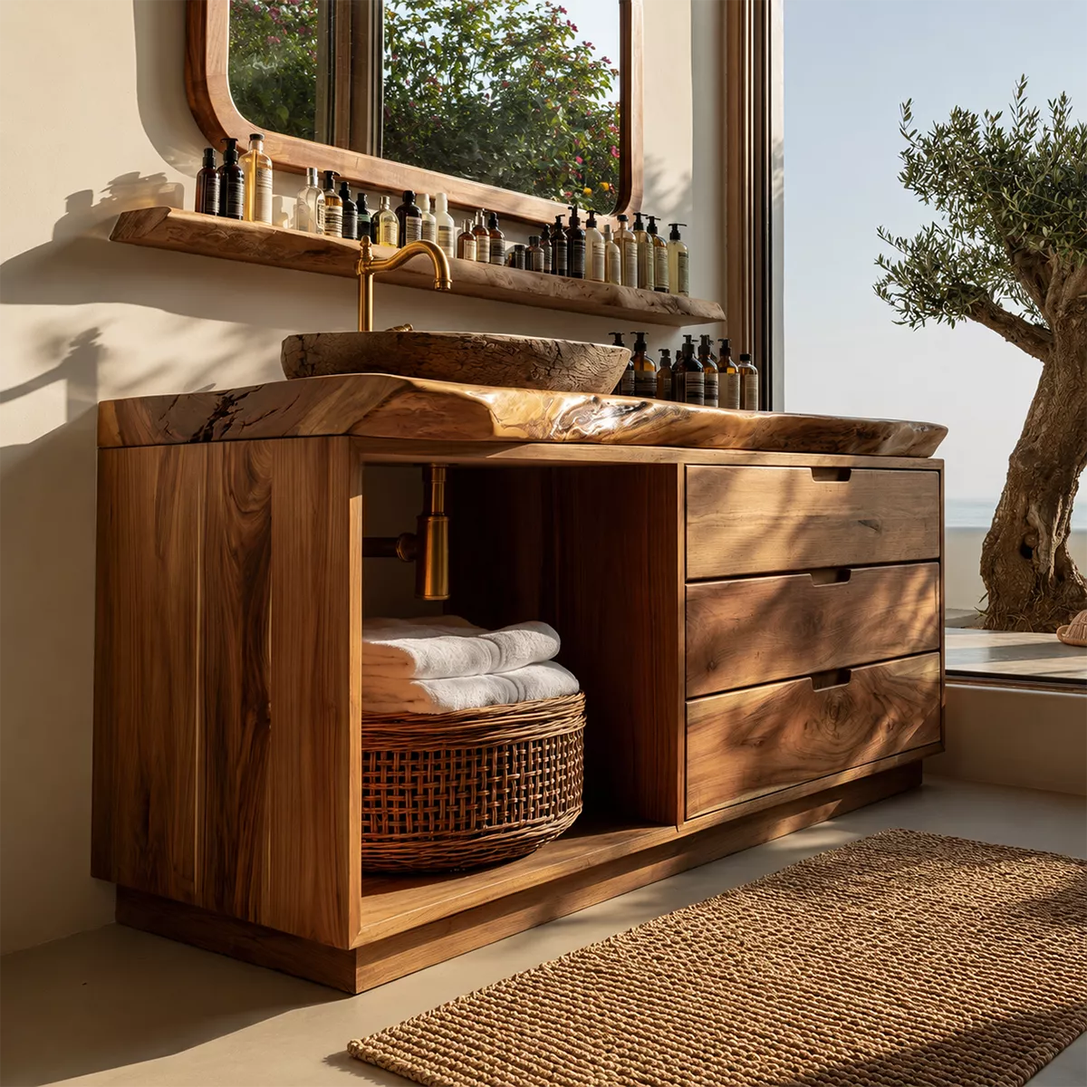 Solid Wood Bathroom Vanity With Live Edge Countertop, Open Shelf And Drawer Storage - Livewoodcraft - 8