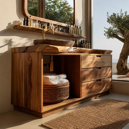Solid Wood Bathroom Vanity With Live Edge Countertop, Open Shelf And Drawer Storage - Livewoodcraft - 8