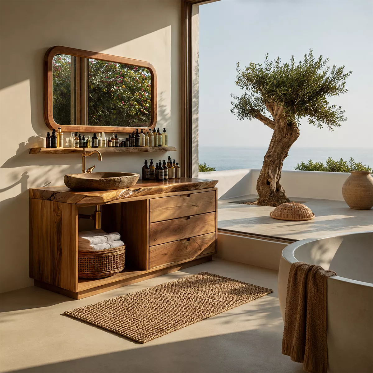 Solid Wood Bathroom Vanity With Live Edge Countertop, Open Shelf And Drawer Storage - Livewoodcraft - 9