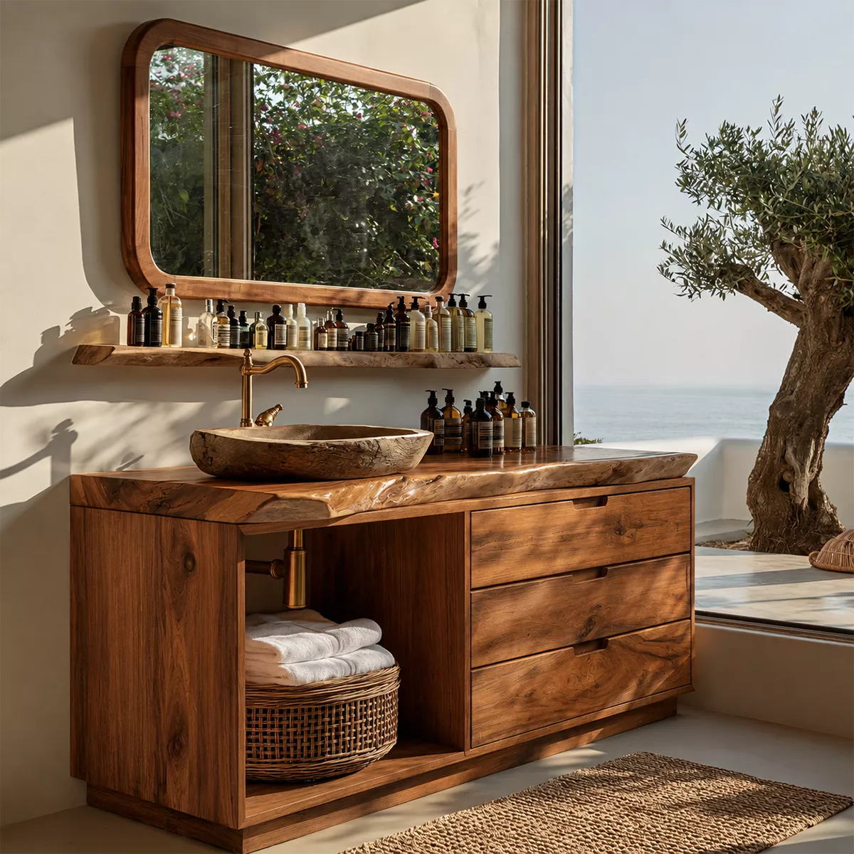 Solid Wood Bathroom Vanity With Live Edge Countertop, Open Shelf And Drawer Storage - Livewoodcraft