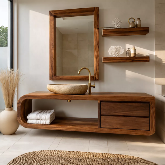 Solid Wood Bathroom Vanity With Rounded Open Shelf And Drawer Storage For Modern Bathroom - Livewoodcraft