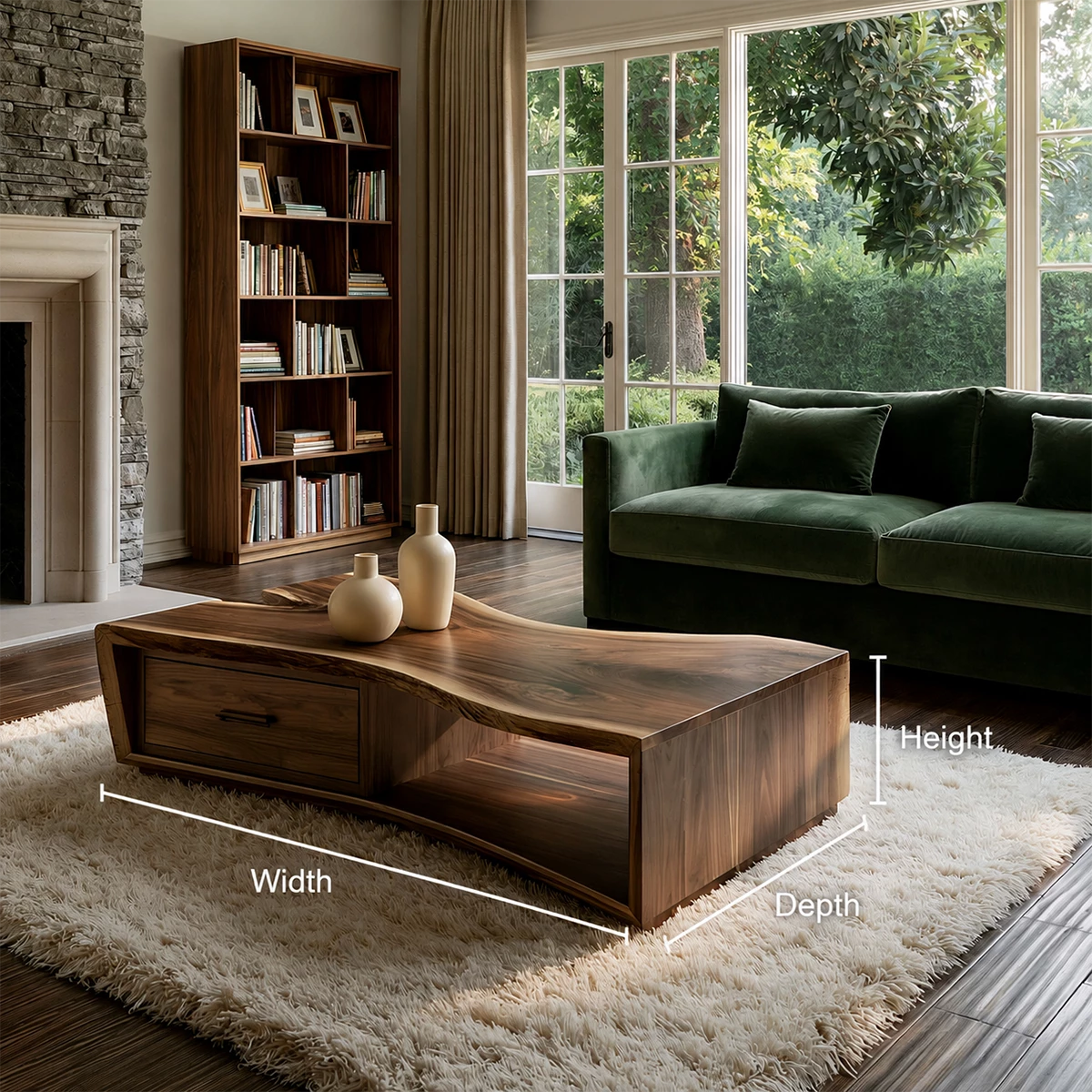 Solid Wood Coffee Table With Sculptural Curved Base Storage Drawer And Open Shelf For Modern Living Room - Livewoodcraft - 10
