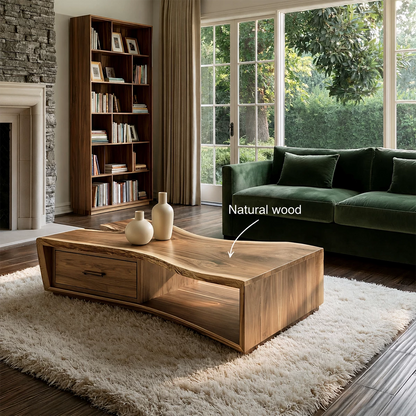 Solid Wood Coffee Table With Sculptural Curved Base Storage Drawer And Open Shelf For Modern Living Room - Livewoodcraft - 11