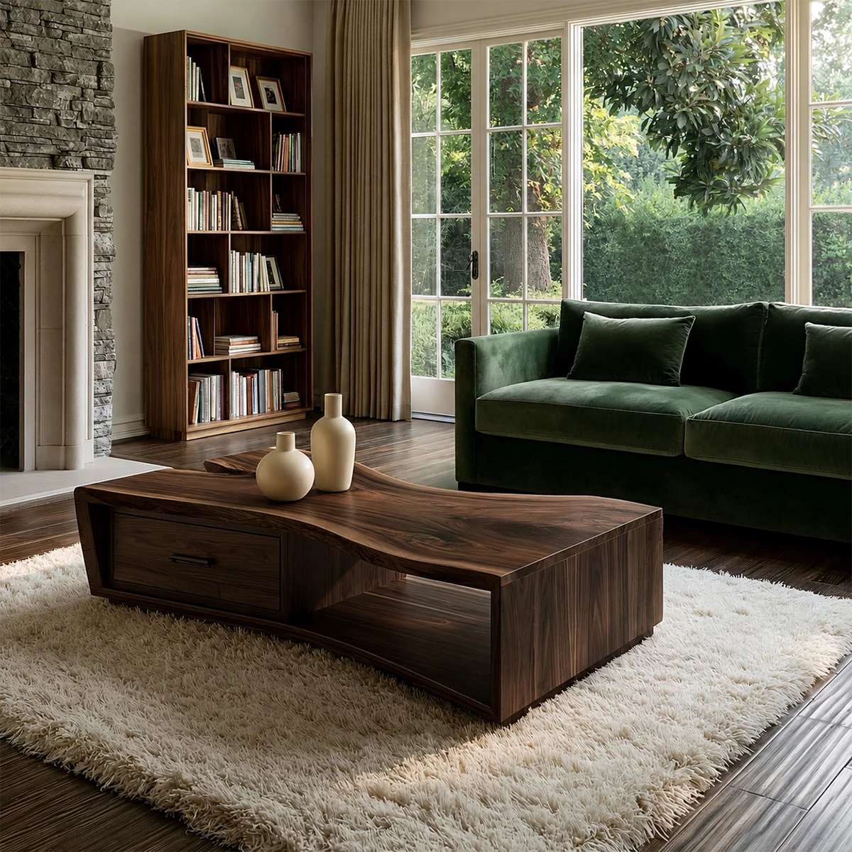 Solid Wood Coffee Table With Sculptural Curved Base Storage Drawer And Open Shelf For Modern Living Room - Livewoodcraft - 2