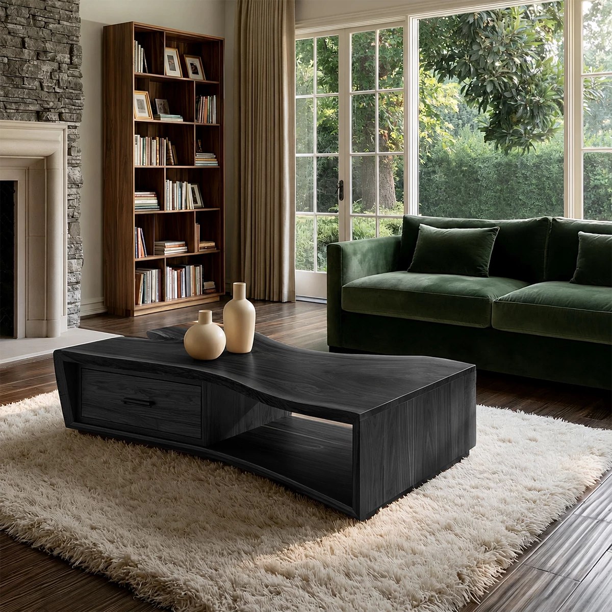 Solid Wood Coffee Table With Sculptural Curved Base Storage Drawer And Open Shelf For Modern Living Room - Livewoodcraft - 3