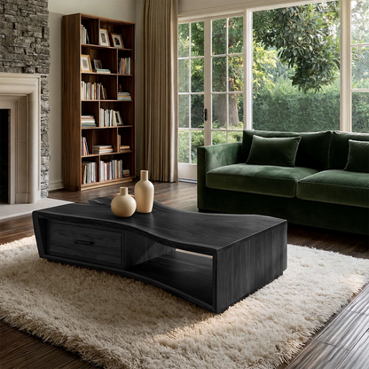 Solid Wood Coffee Table With Sculptural Curved Base Storage Drawer And Open Shelf For Modern Living Room - Livewoodcraft - 3