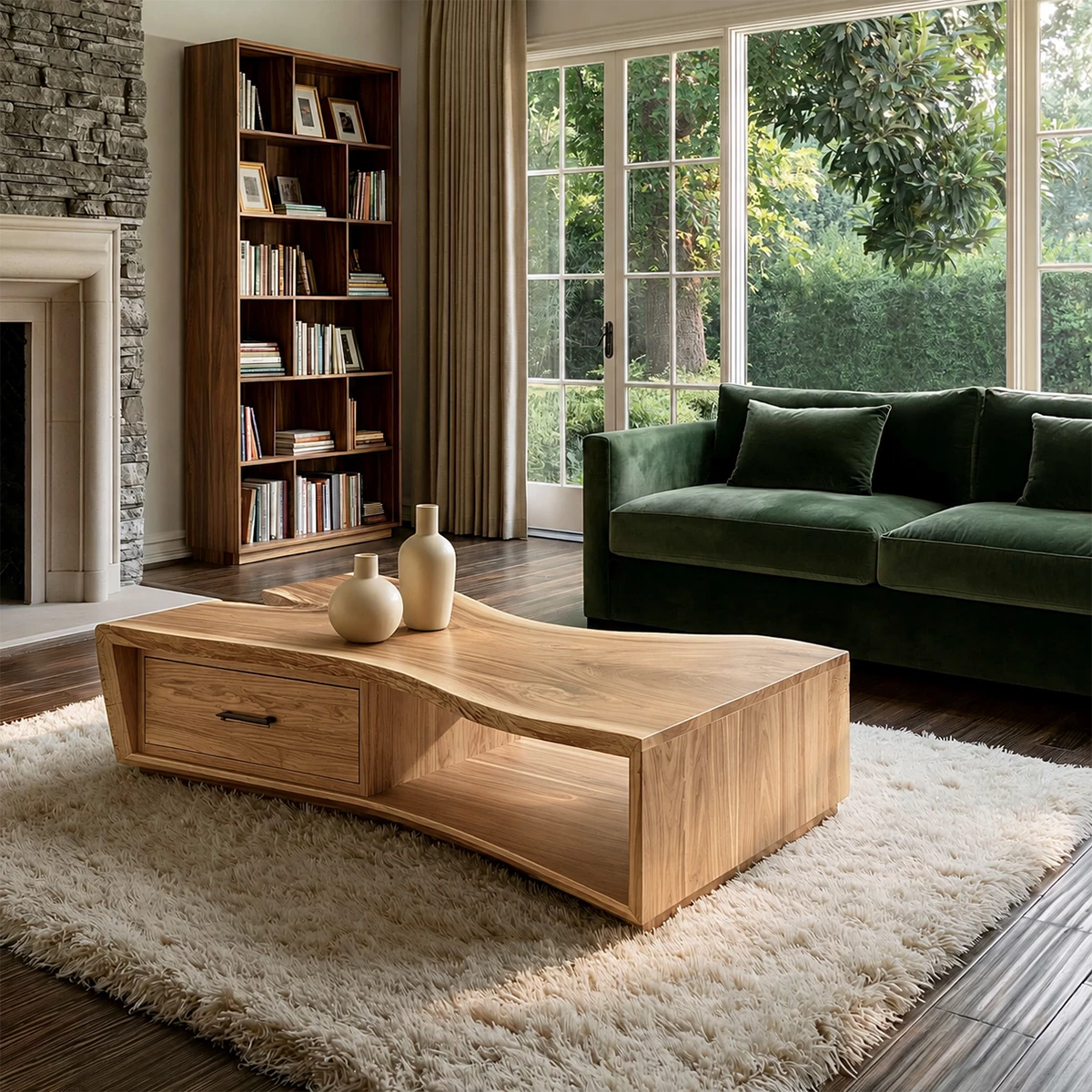 Solid Wood Coffee Table With Sculptural Curved Base Storage Drawer And Open Shelf For Modern Living Room - Livewoodcraft - 4