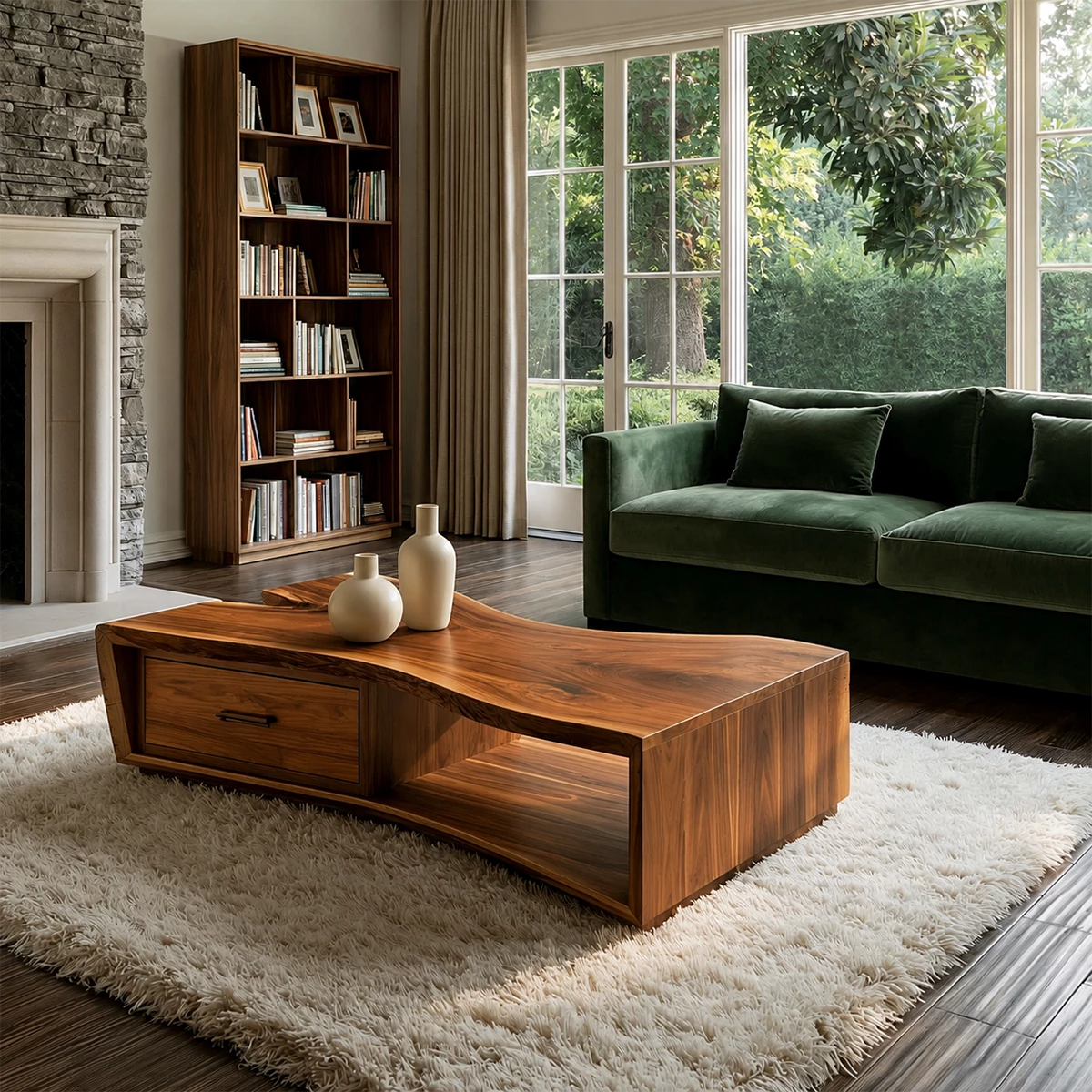 Solid Wood Coffee Table With Sculptural Curved Base Storage Drawer And Open Shelf For Modern Living Room - Livewoodcraft - 5
