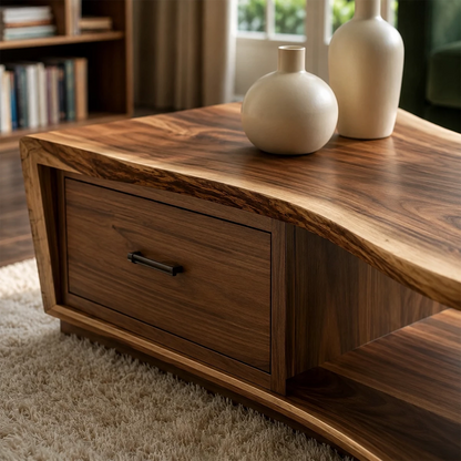 Solid Wood Coffee Table With Sculptural Curved Base Storage Drawer And Open Shelf For Modern Living Room - Livewoodcraft - 6
