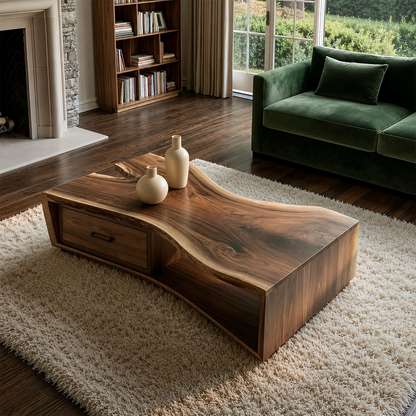 Solid Wood Coffee Table With Sculptural Curved Base Storage Drawer And Open Shelf For Modern Living Room - Livewoodcraft - 7