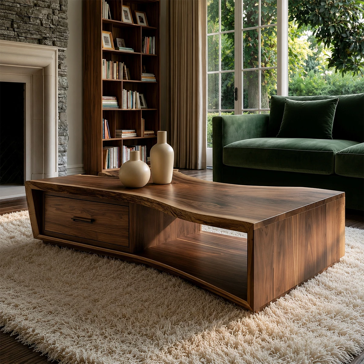 Solid Wood Coffee Table With Sculptural Curved Base Storage Drawer And Open Shelf For Modern Living Room - Livewoodcraft - 8