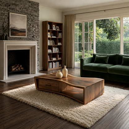 Solid Wood Coffee Table With Sculptural Curved Base Storage Drawer And Open Shelf For Modern Living Room - Livewoodcraft - 9