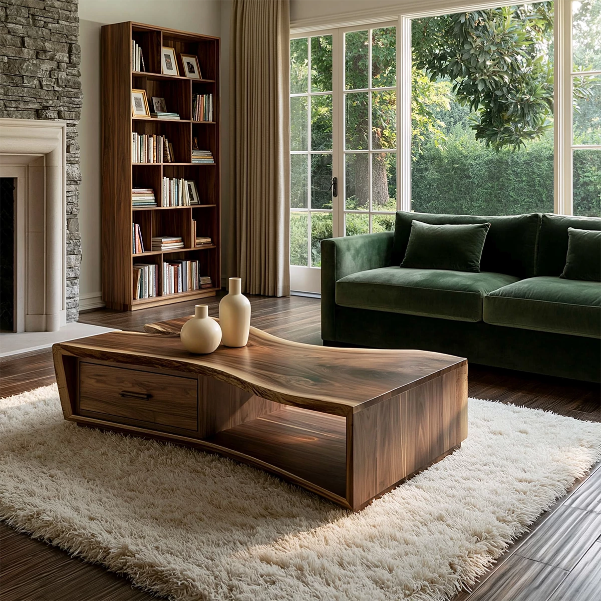 Solid Wood Coffee Table With Sculptural Curved Base Storage Drawer And Open Shelf For Modern Living Room - Livewoodcraft