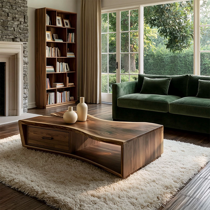 Solid Wood Coffee Table With Sculptural Curved Base Storage Drawer And Open Shelf For Modern Living Room - Livewoodcraft