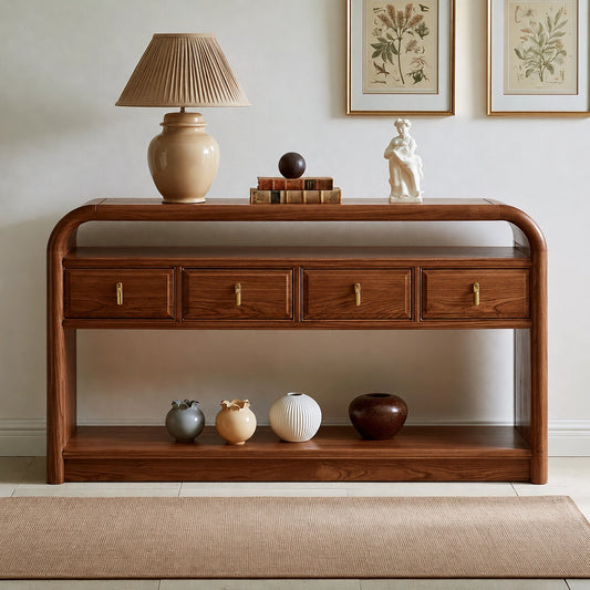 Solid Wood Console Table with Drawers and Open Shelf - Livewoodcraft