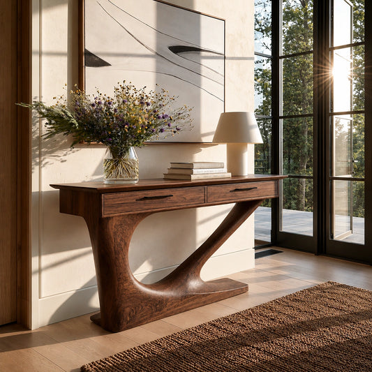 Solid Wood Console Table with Drawers and Sculptural Base - Livewoodcraft