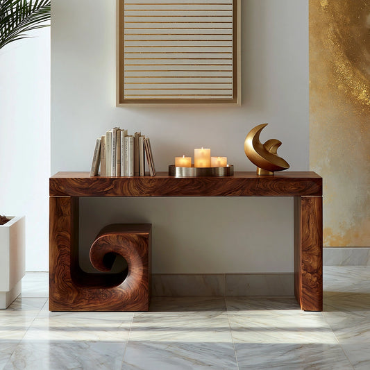 Solid Wood Console Table with Sculptural Stool | Modern Entryway & Hallway Table - Livewoodcraft