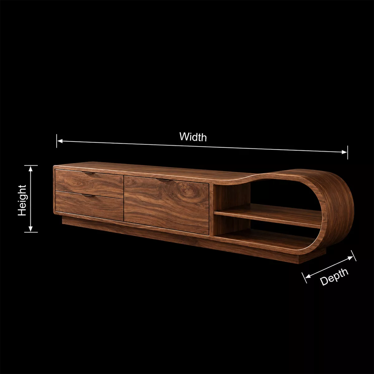 Solid Wood TV Cabinet With Curved Open Shelf Storage Drawers And Natural Wood Grain For Modern Living Room - Livewoodcraft - 10