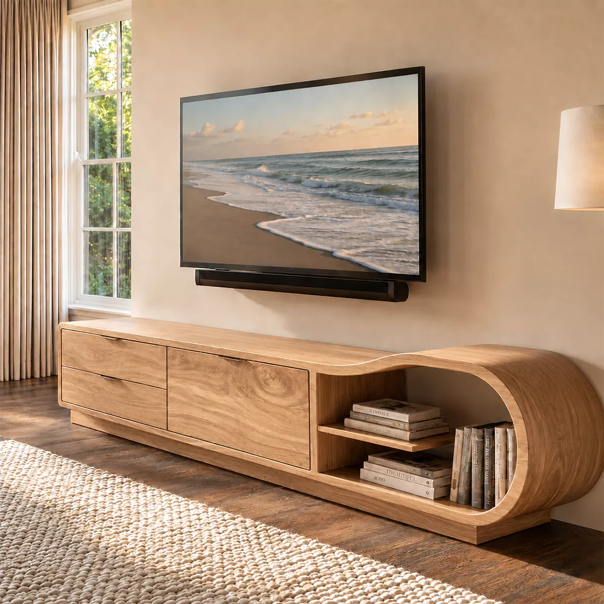 Solid Wood TV Cabinet With Curved Open Shelf Storage Drawers And Natural Wood Grain For Modern Living Room - Livewoodcraft - 2