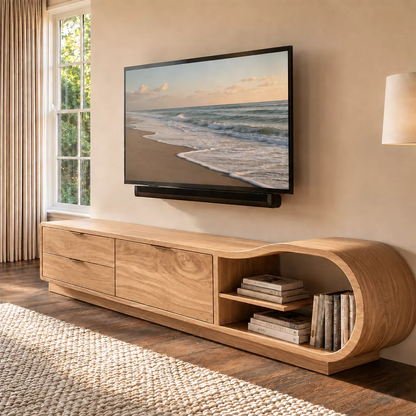 Solid Wood TV Cabinet With Curved Open Shelf Storage Drawers And Natural Wood Grain For Modern Living Room - Livewoodcraft - 2