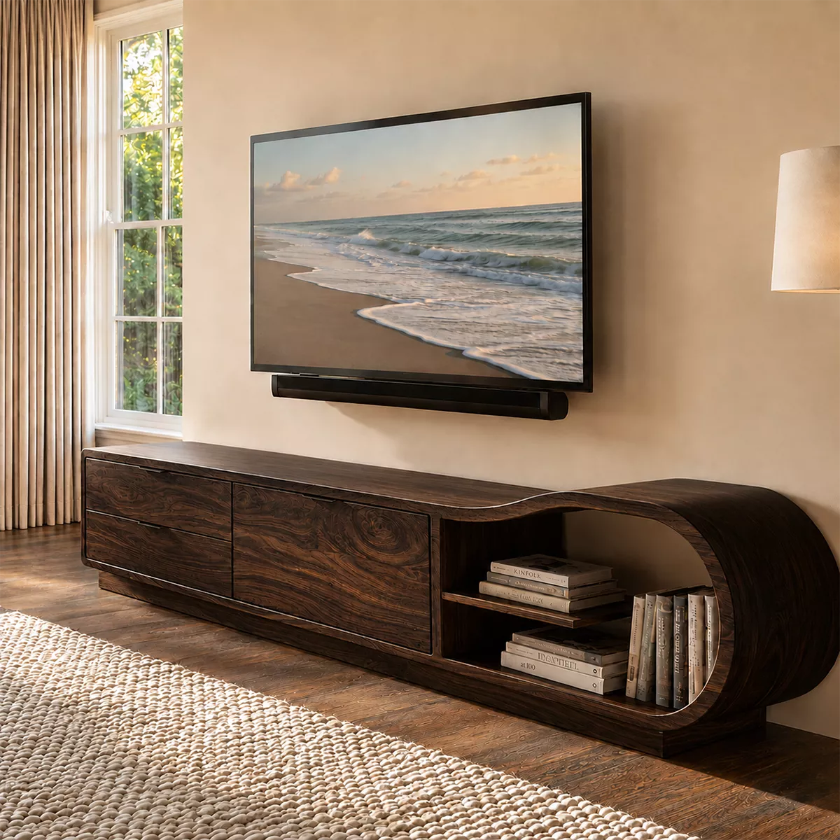 Solid Wood TV Cabinet With Curved Open Shelf Storage Drawers And Natural Wood Grain For Modern Living Room - Livewoodcraft - 3