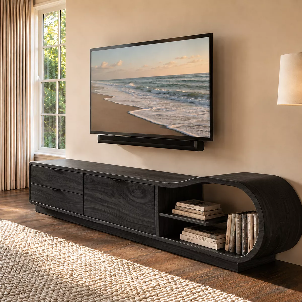 Solid Wood TV Cabinet With Curved Open Shelf Storage Drawers And Natural Wood Grain For Modern Living Room - Livewoodcraft - 4
