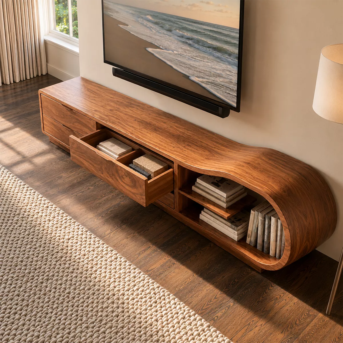 Solid Wood TV Cabinet With Curved Open Shelf Storage Drawers And Natural Wood Grain For Modern Living Room - Livewoodcraft - 5