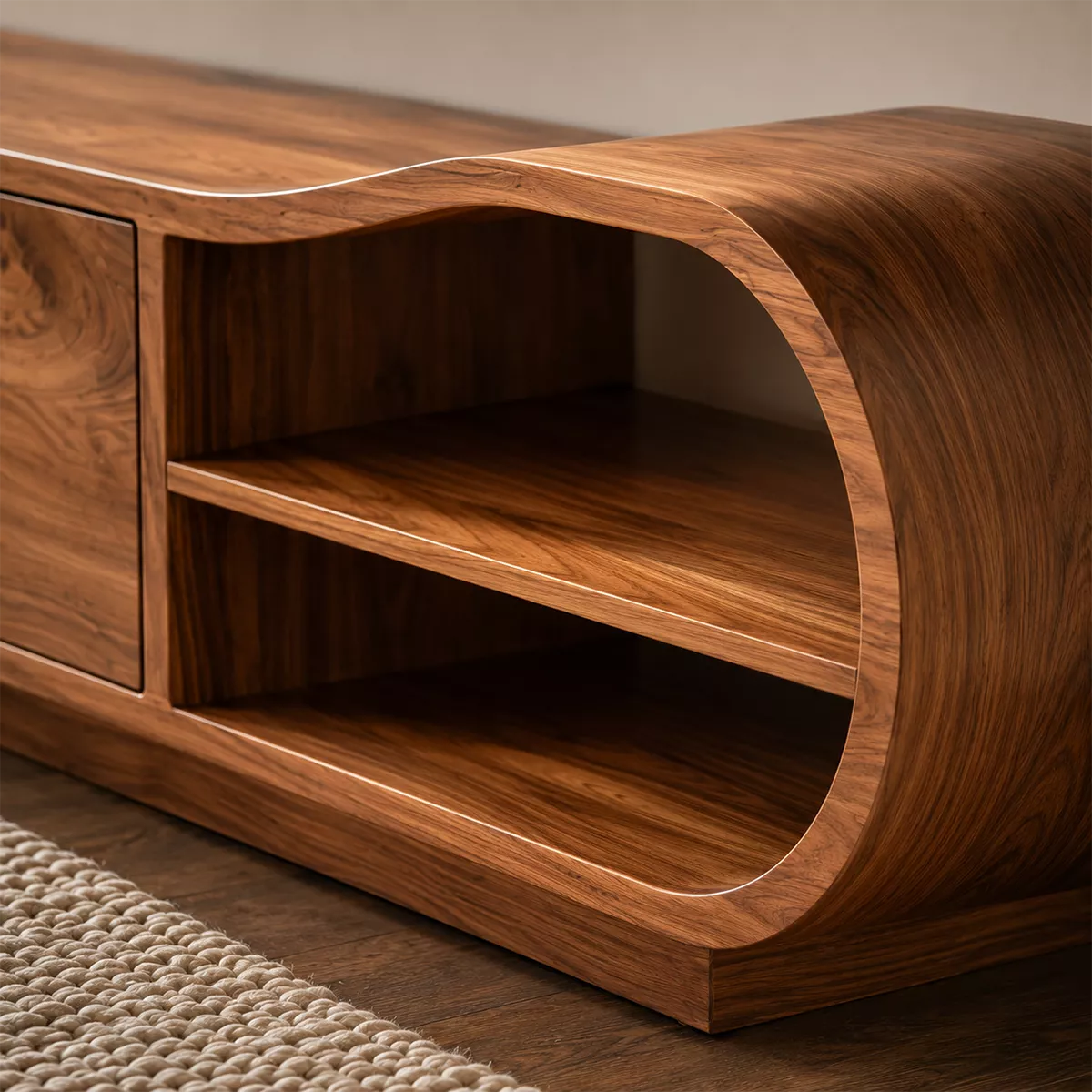 Solid Wood TV Cabinet With Curved Open Shelf Storage Drawers And Natural Wood Grain For Modern Living Room - Livewoodcraft - 6