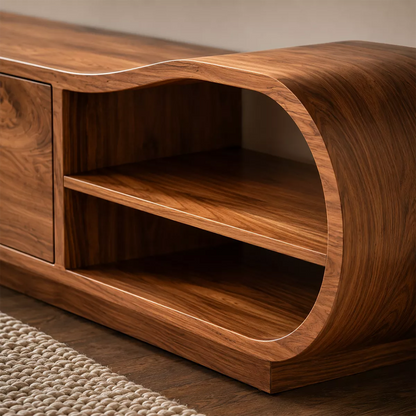 Solid Wood TV Cabinet With Curved Open Shelf Storage Drawers And Natural Wood Grain For Modern Living Room - Livewoodcraft - 6
