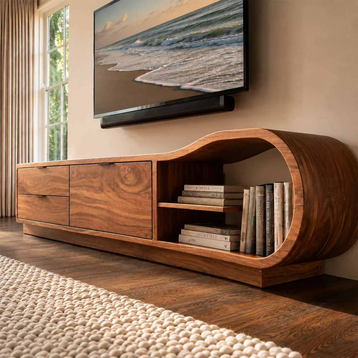 Solid Wood TV Cabinet With Curved Open Shelf Storage Drawers And Natural Wood Grain For Modern Living Room - Livewoodcraft - 7