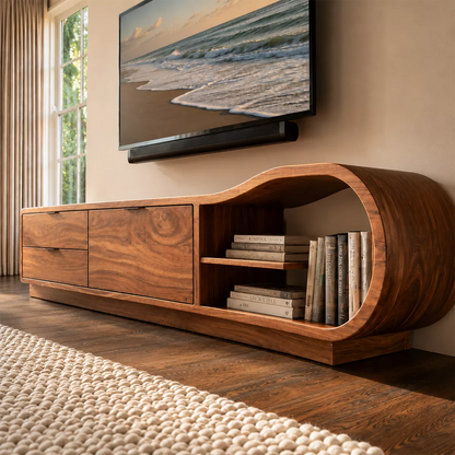 Solid Wood TV Cabinet With Curved Open Shelf Storage Drawers And Natural Wood Grain For Modern Living Room - Livewoodcraft - 7