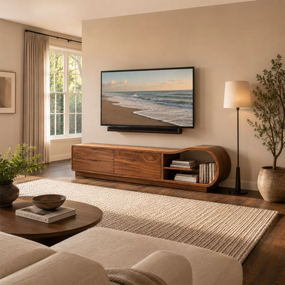 Solid Wood TV Cabinet With Curved Open Shelf Storage Drawers And Natural Wood Grain For Modern Living Room - Livewoodcraft - 8